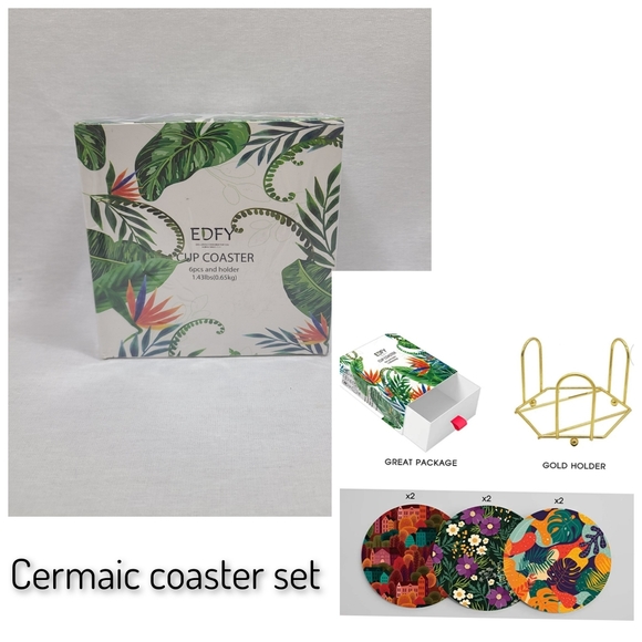 Brand New Cermaic Coaster Set With Holder- NEW - Picture 1 of 4